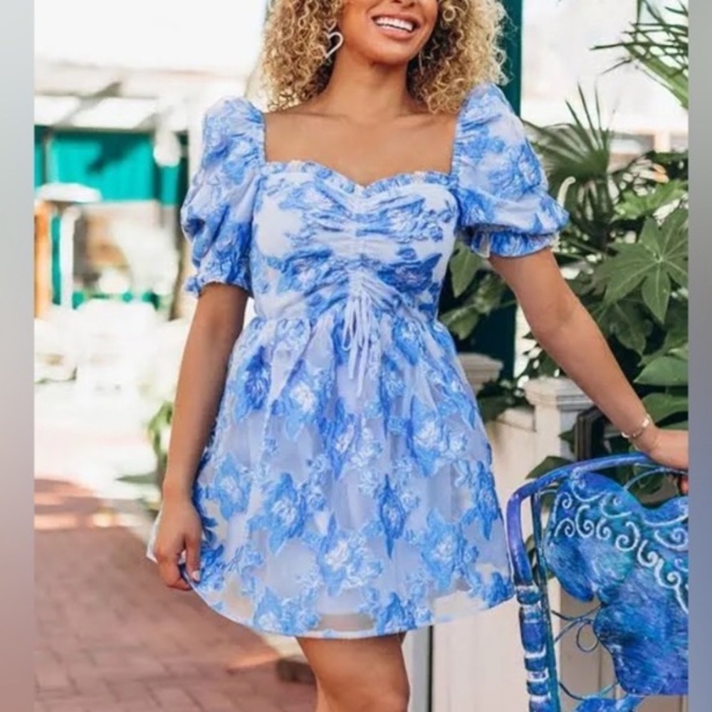 NWT Buddy Love Colby Blue Floral Puff Sleeve Dress